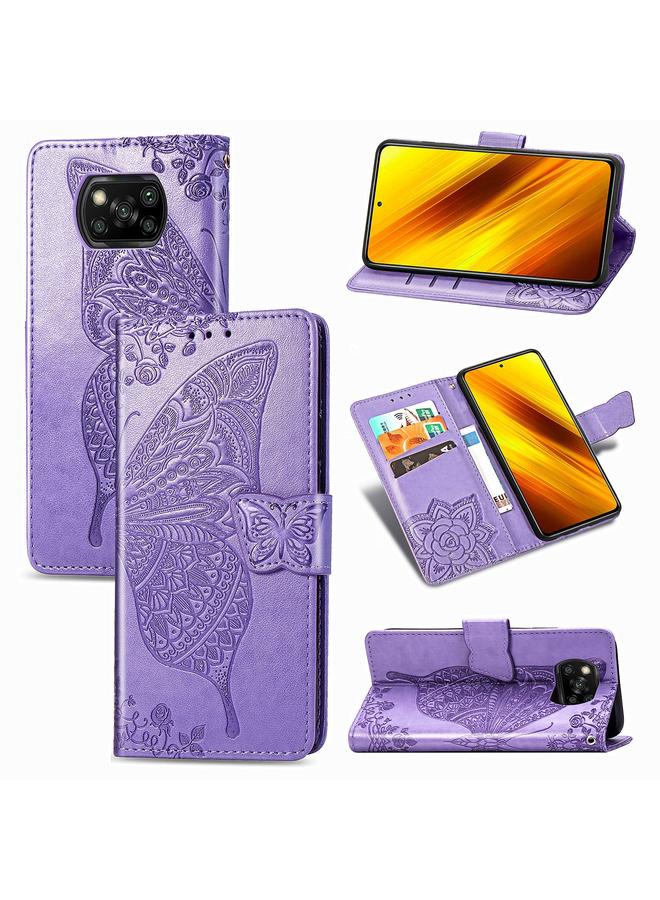 The Bros Case For Xiaomi Poco X3 NFC Butterfly Love Flower Embossed Horizontal Flip Leather Case with Bracket / Card Slot / Wallet / Lanyard
