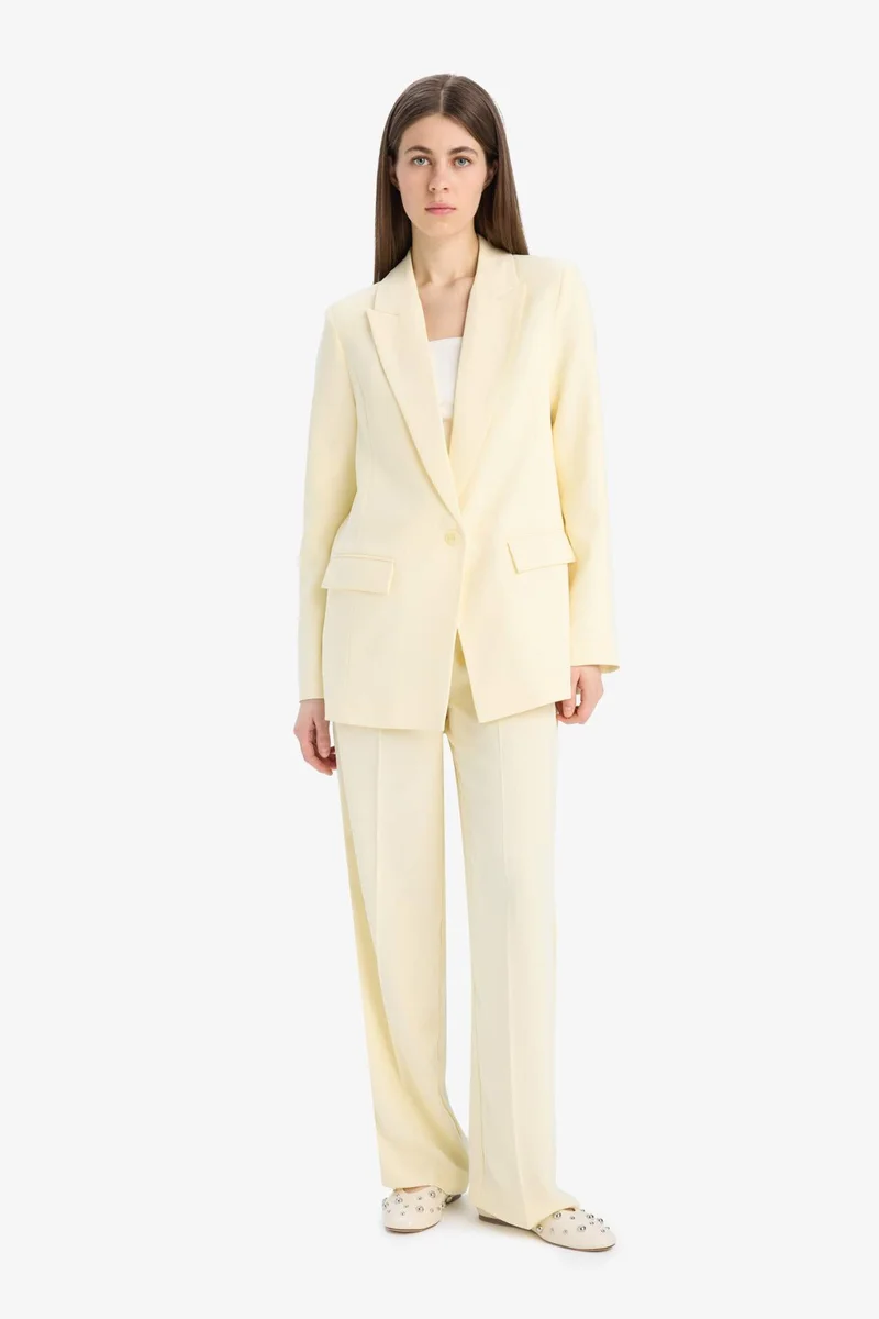 ديفاكتو High Waist Long Length Wide Leg Crepe Fabric Trousers