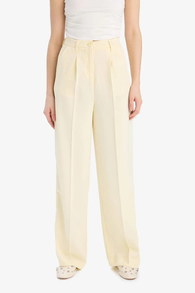 ديفاكتو High Waist Long Length Wide Leg Crepe Fabric Trousers