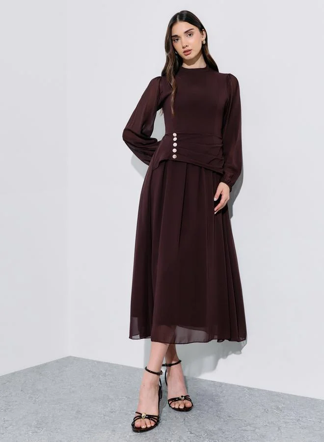 Styli Brown Rhinestone Embellished Chiffon A-Line Maxi Dress