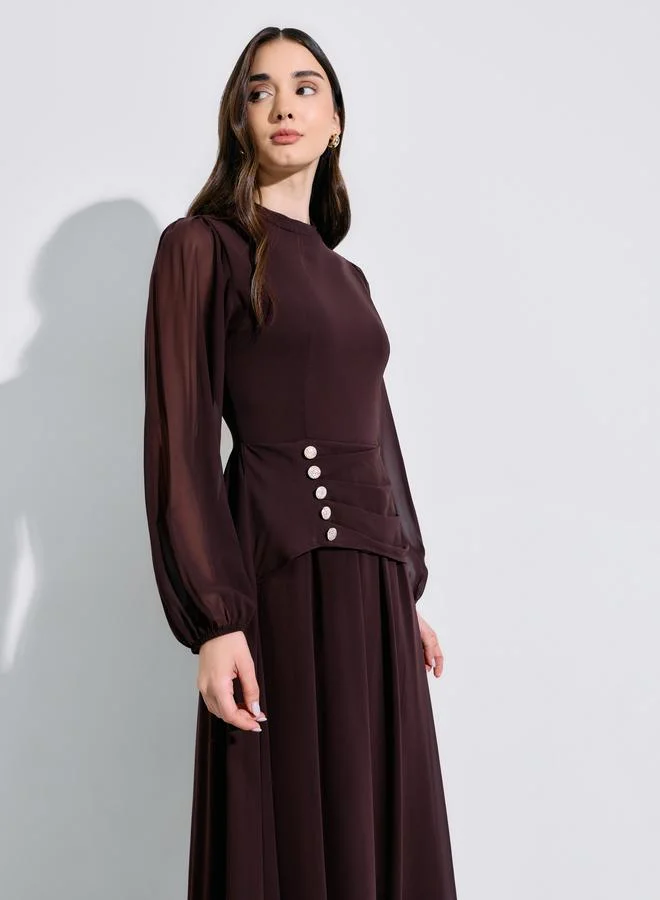 Styli Brown Rhinestone Embellished Chiffon A-Line Maxi Dress