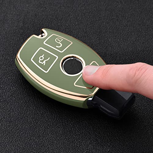 ELOHEI for Mercedes Benz Key Fob Cover, Premium Soft TPU Key Case Cover Compatible with Mercedes Benz C E S M CLS CLK G Class Keyless Smart Key Fob (Gold Edge Green) - Image 2