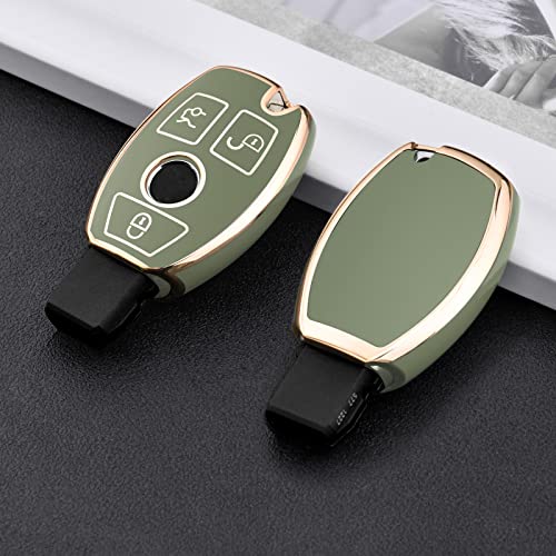 ELOHEI for Mercedes Benz Key Fob Cover, Premium Soft TPU Key Case Cover Compatible with Mercedes Benz C E S M CLS CLK G Class Keyless Smart Key Fob (Gold Edge Green) - Image 3