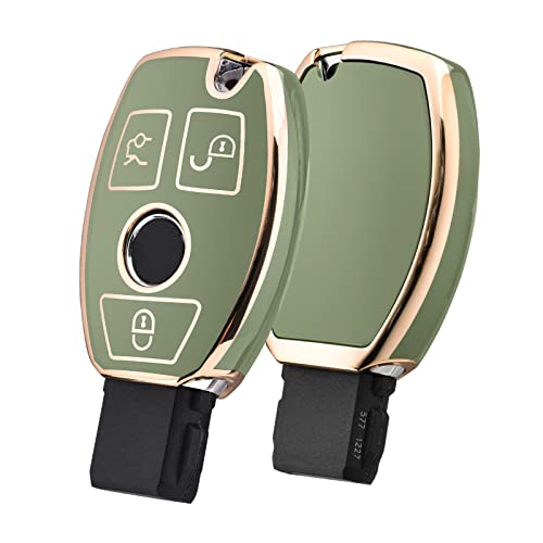 ELOHEI for Mercedes Benz Key Fob Cover, Premium Soft TPU Key Case Cover Compatible with Mercedes Benz C E S M CLS CLK G Class Keyless Smart Key Fob (Gold Edge Green) - Image 1