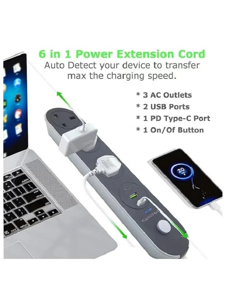 تراداماكس مشترك كهرباء  6009 بقدرة 2000 وات – 3 مخارج كهرباء + USB مزدوج + Type-C PD – شحن سريع وحماية كاملة مع كابل 5 متر - Image 2