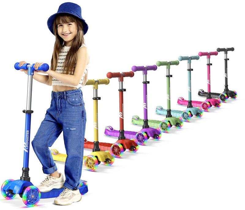 Lifemaster Kids Scooter â€“ Children and Toddler 3 Wheel Kick Scooter â€“ LED Wheel Lights Illuminate When Rollingâ€“ Adjustable Handlebar â€“ Indoor and Outdoor Blue - Image 1