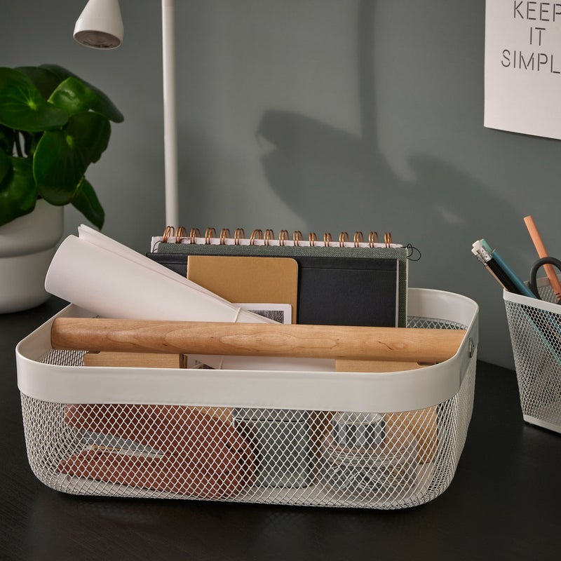 RISATORP Storage Basket with Divider, White Steel and Birch, 33x24x11 cm - Image 2