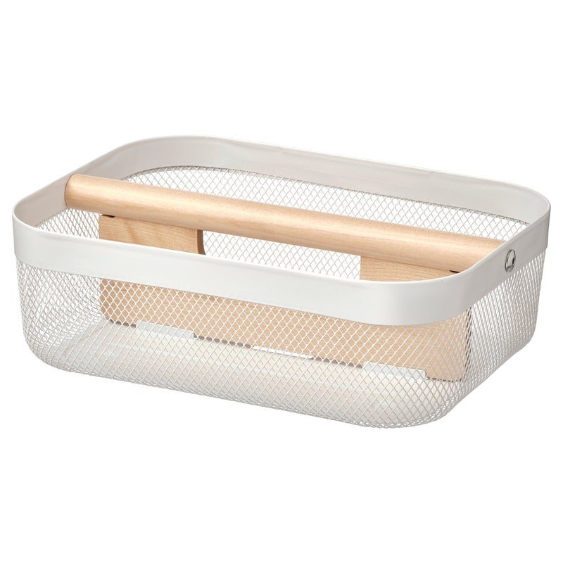 RISATORP Storage Basket with Divider, White Steel and Birch, 33x24x11 cm - Image 1