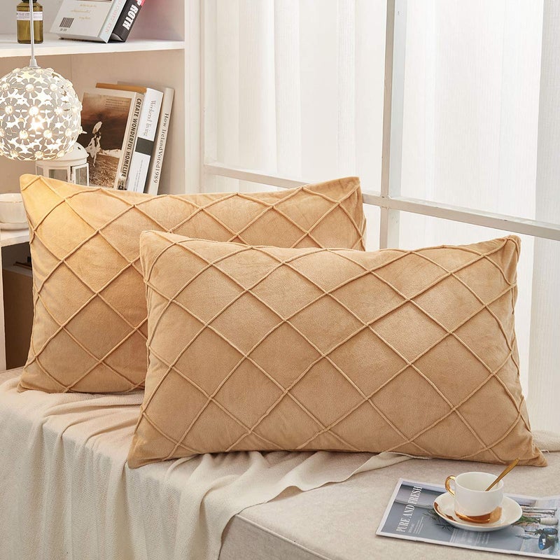 JAUXIO Diamond Pinch Pleated Crystal Velvet Pillowcases 2 Pack Solid Pintuck Throw Cushion Cover for Home Decor Hidden Zipper Closure Camel Standard
