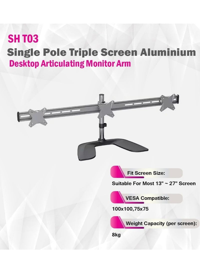 سكيل تك ذراع شاشة ثلاثية من الألومنيوم SH T03 - شاشات قابلة للتعديل من 13 إلى 27 بوصة، سعة 8 كجم، VESA 100x100، لون أسود غير لامع - Image 2