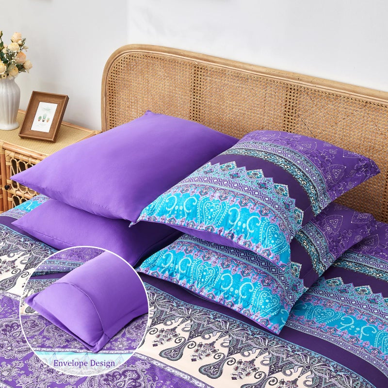 LXWORX Boho Comforter Set Queen - 7 Pieces Bed in a Bag, Bohemian Striped Comforter Set with Sheets, Soft Microfiber Purple Floral Bedding Set for All Season - Image 4
