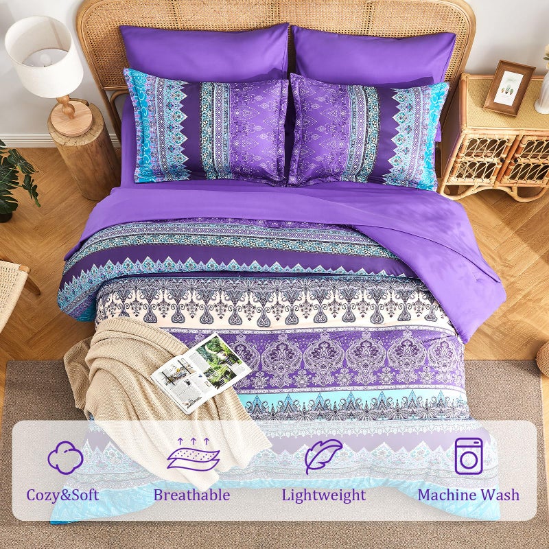 LXWORX Boho Comforter Set Queen - 7 Pieces Bed in a Bag, Bohemian Striped Comforter Set with Sheets, Soft Microfiber Purple Floral Bedding Set for All Season - Image 2