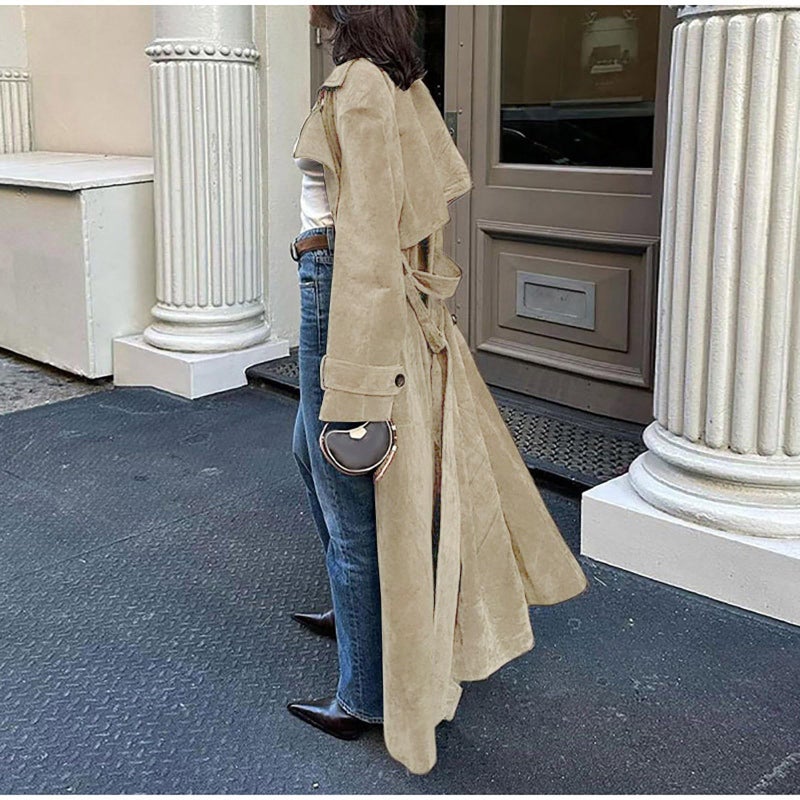 utcoco Womens Faux Suede Long Trench Coat Notched Lapel Double Breasted Pea Coat Overcoat with Belt (Small, Light Khaki) - Image 3