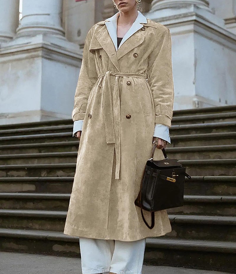 utcoco Womens Faux Suede Long Trench Coat Notched Lapel Double Breasted Pea Coat Overcoat with Belt (Small, Light Khaki) - Image 5