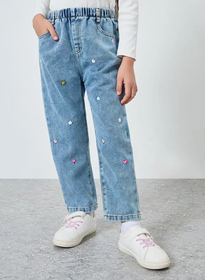 Styli Girls Light Blue Embroidered Jeans