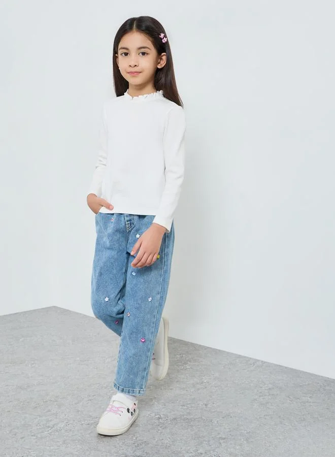 Styli Girls Light Blue Embroidered Jeans