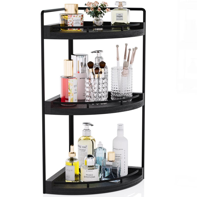 CeleVista Corner Bathroom Counter Organizer, 3 Tier Wood Vanity Storage, Waterproof Skincare Shelf for Kitchen & Toiletries Decor, Dresser (Black) - Image 1