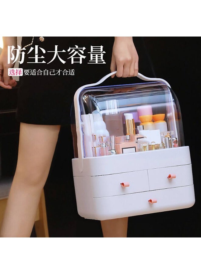 This image shows a dustproof, large capacity makeup organizer with a clear lid and drawers. These types of organizers are typically made from materials like plastic or acrylic and are designed to keep cosmetics and skincare products organized and protected from water and dust. - Image 1