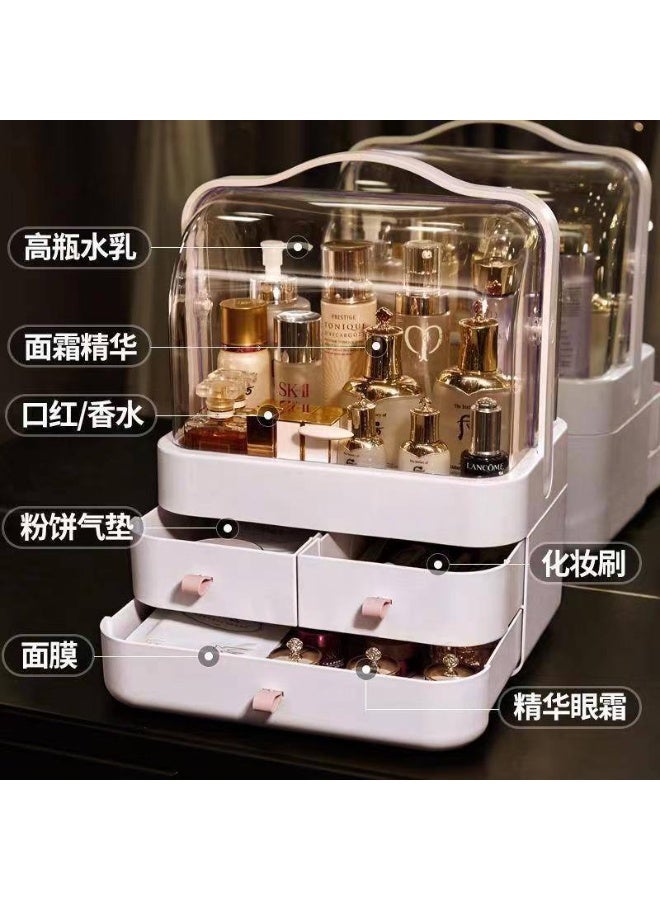 This image shows a dustproof, large capacity makeup organizer with a clear lid and drawers. These types of organizers are typically made from materials like plastic or acrylic and are designed to keep cosmetics and skincare products organized and protected from water and dust. - Image 3