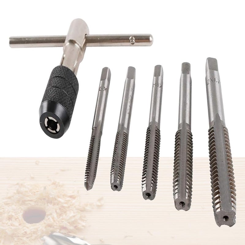MLD Metric Screw Tap 5 pcs Tapping Threading Tool High Speed Steel Adjustable M6-M12 6mm-12mm with T-Handle for Threading Machine Electric Drill DIY ACM003 (Metel & steel,Multicolor) - Image 1