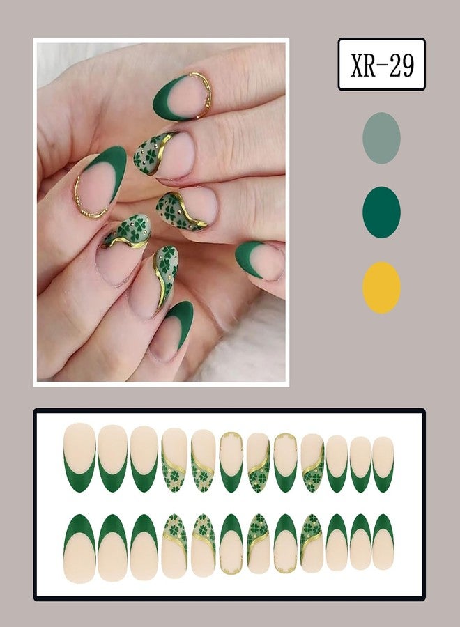 ZEYER 24Pcs St. Patrick's Day Press on Nails Short Almond Shamrock Fake Nails with Designs False Nails Full Cover Glossy Stick on Nails Glue on Nails Acrylic Artificial Nails for Women Daily Wear - Image 2