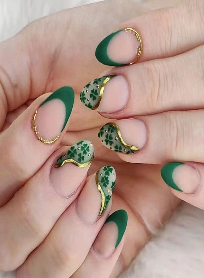 ZEYER 24Pcs St. Patrick's Day Press on Nails Short Almond Shamrock Fake Nails with Designs False Nails Full Cover Glossy Stick on Nails Glue on Nails Acrylic Artificial Nails for Women Daily Wear - Image 1