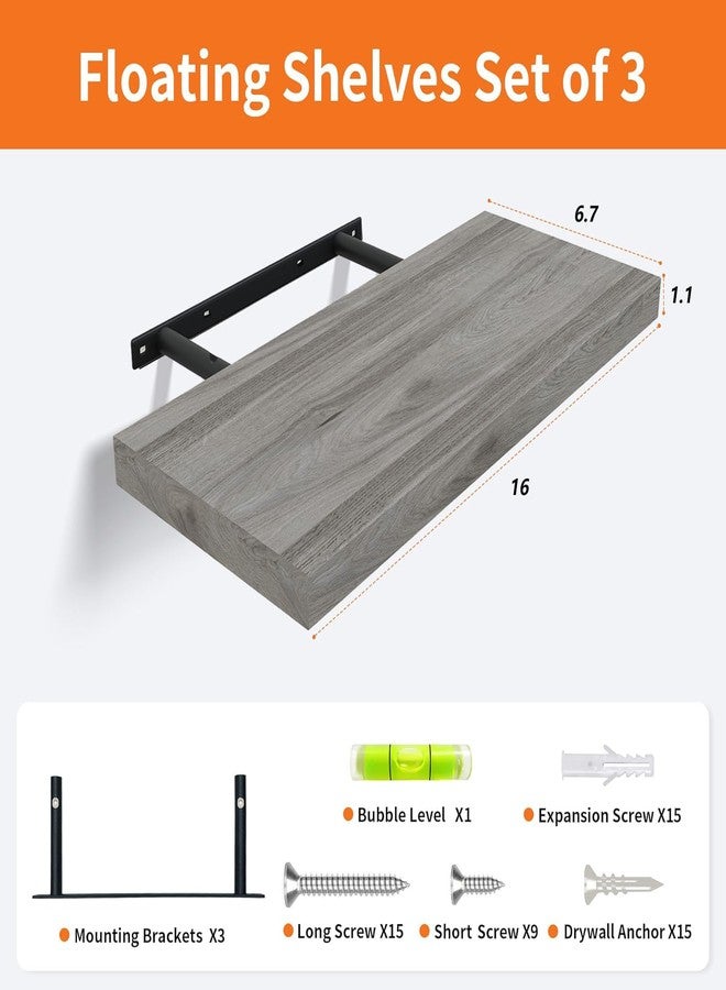 Upassion Floating Shelves for Wall Set of 3, 16" Gray Wall Shelves for Home Decor, Frame Display Floating Shelf for Living Room, Bedroom, Bathroom, Kitchen - Image 2