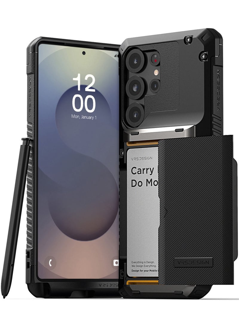 VRS Design Damda Glide Pro Samsung Galaxy S25 ULTRA Case Cover Wallet with Semi Automatic Credit Card Holder Slot [4 Cards] - Black Groove  - Image 1