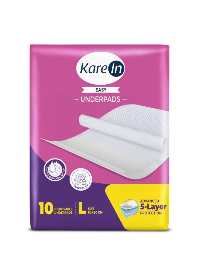 KareIn Easy Underpads for Adults, Large 60 x 80 cm, 10 Unit, Highly Absorbent, Anti-Bacterial, Rash Protection, Leak Proof, Protects Surfaces from Incontinence, Odor Control, Super Soft - Image 1