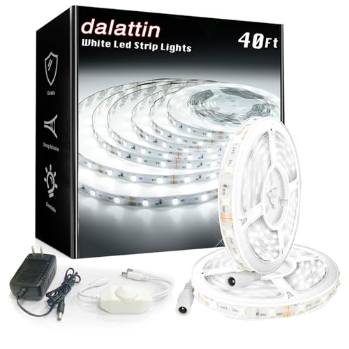 dalattin White LED Strip Lights, 40ft Dimmable LED Light Strip 6500K Bright Daylight White 24V, 720 LEDs 2835 Tape Lights for Bedroom, Kitchen, Mirror, Home Decoration(2 * 20ft) - Image 1