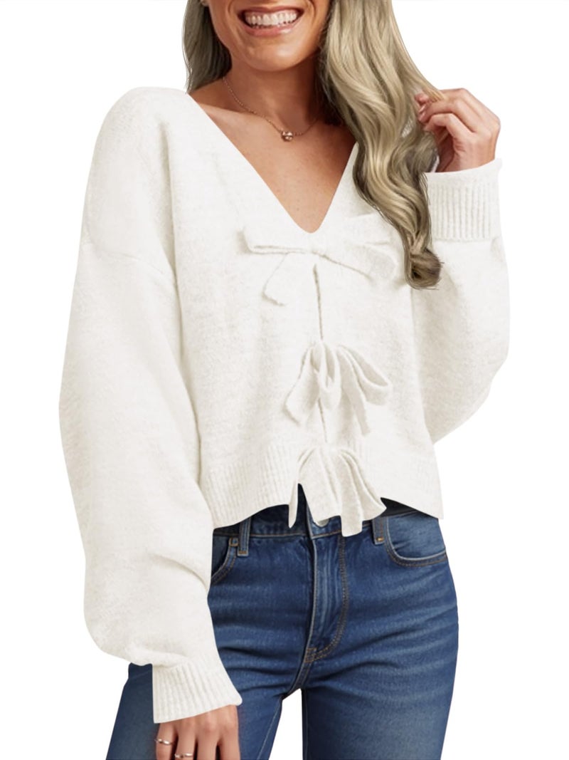 Saodimallsu Womens Bow Sweater Cropped V Neck Long Sleeve Fall Cozy Knit Loose Trendy Pullover Sweaters White - Image 1