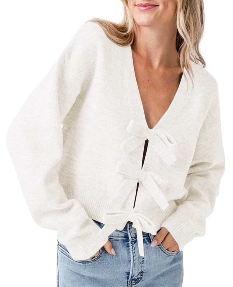 Saodimallsu Womens Bow Sweater Cropped V Neck Long Sleeve Fall Cozy Knit Loose Trendy Pullover Sweaters White - Image 4