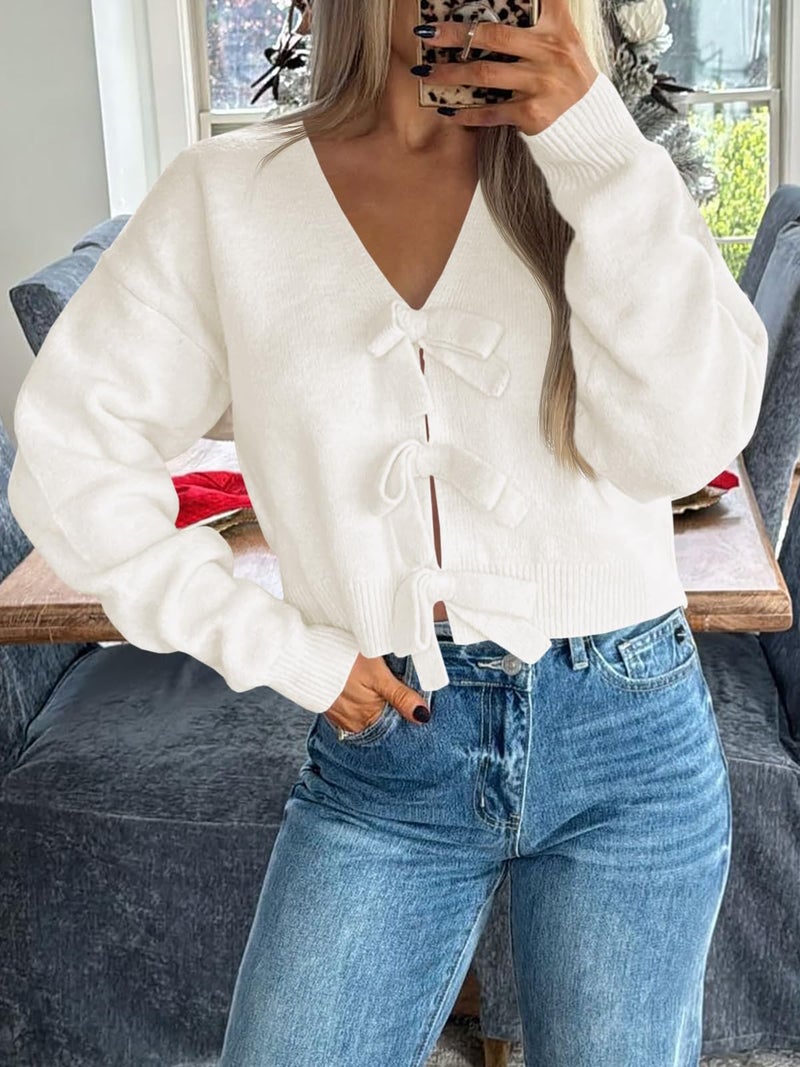 Saodimallsu Womens Bow Sweater Cropped V Neck Long Sleeve Fall Cozy Knit Loose Trendy Pullover Sweaters White - Image 2