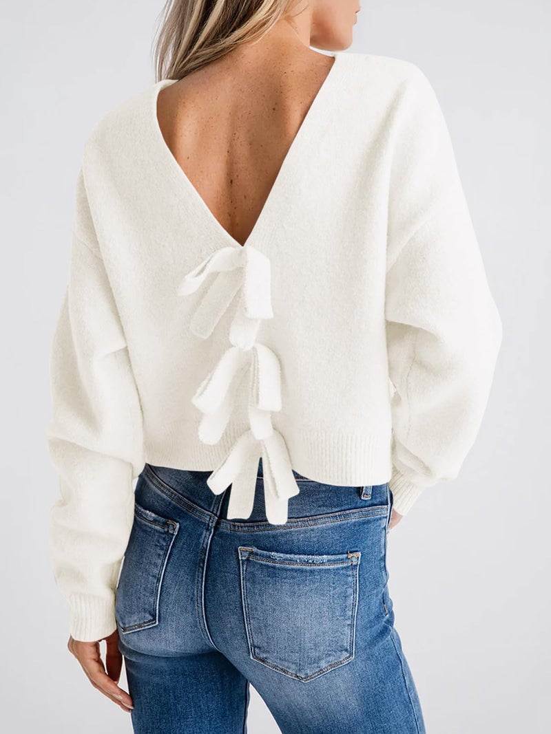 Saodimallsu Womens Bow Sweater Cropped V Neck Long Sleeve Fall Cozy Knit Loose Trendy Pullover Sweaters White - Image 5