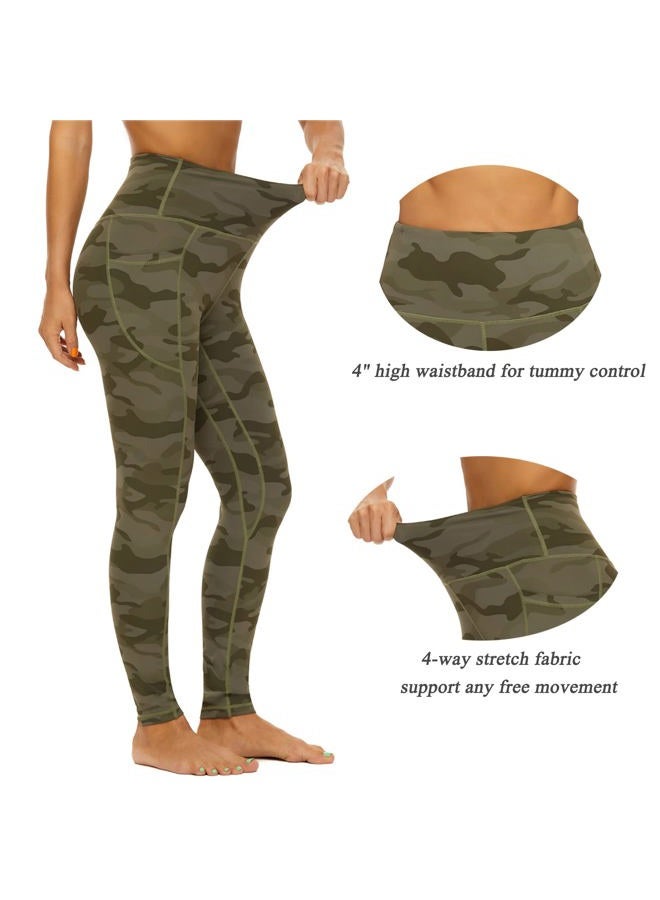 iniber High Waisted Yoga Pants with Pockets for Women 4-Way Stretch Soft Running Workout Leggings Athletic Yoga Pants, Camo Army Green, S - Image 4