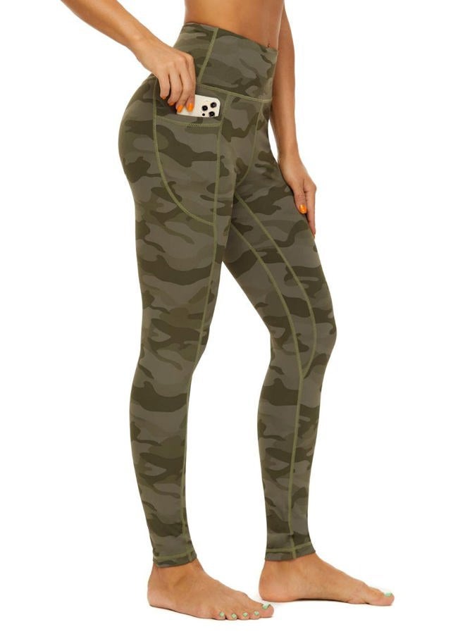 iniber High Waisted Yoga Pants with Pockets for Women 4-Way Stretch Soft Running Workout Leggings Athletic Yoga Pants, Camo Army Green, S - Image 2