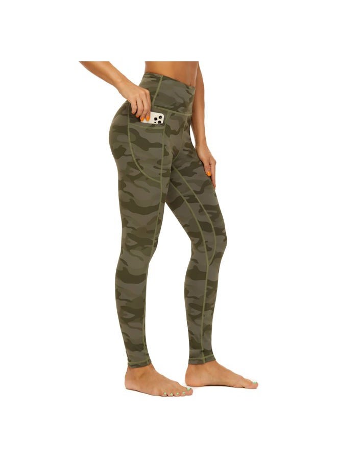 iniber High Waisted Yoga Pants with Pockets for Women 4-Way Stretch Soft Running Workout Leggings Athletic Yoga Pants, Camo Army Green, S - Image 1