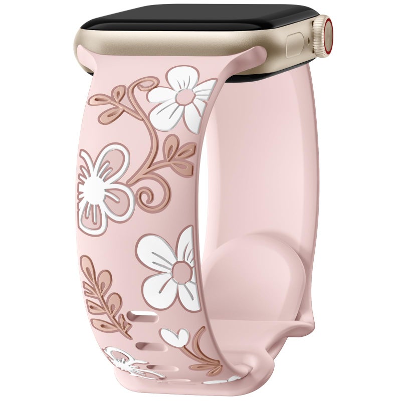 Witzon Floral Band Compatible with Apple Watch Bands For Women 41mm 40mm 38mm 42mm 44mm 45mm 46mm 49mm, Engraved Cute Flower Soft Silicone Strap for iWatch Series 11 10 9 8 7 6 5 4 3 2 1 SE Ultra - Image 1