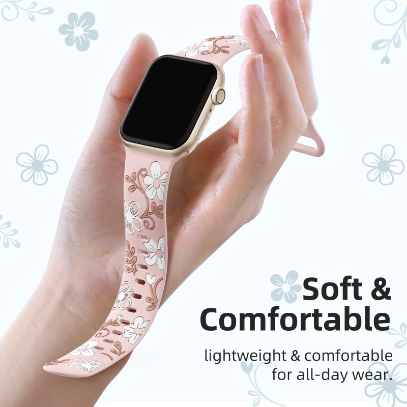 Witzon Floral Band Compatible with Apple Watch Bands For Women 41mm 40mm 38mm 42mm 44mm 45mm 46mm 49mm, Engraved Cute Flower Soft Silicone Strap for iWatch Series 11 10 9 8 7 6 5 4 3 2 1 SE Ultra - Image 3