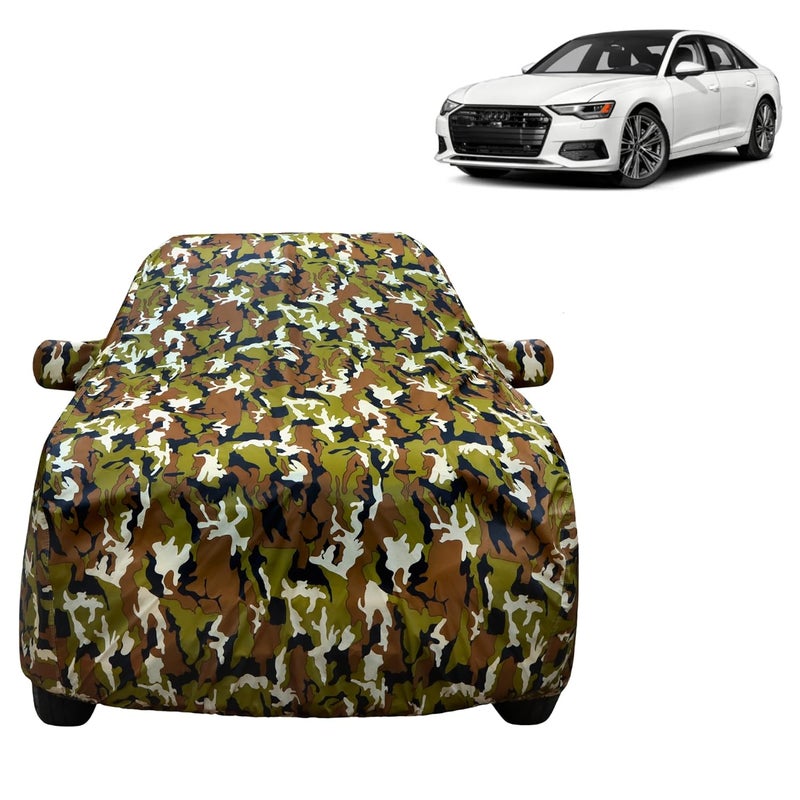 VYAS 100% Waterproof Car Body Cover for Audi A6 with Mirror Pocket Triple Stitched Belt & Buckle Fitting Dual Elastic, Durable Material Jungle Print Camouflage Design - Image 1