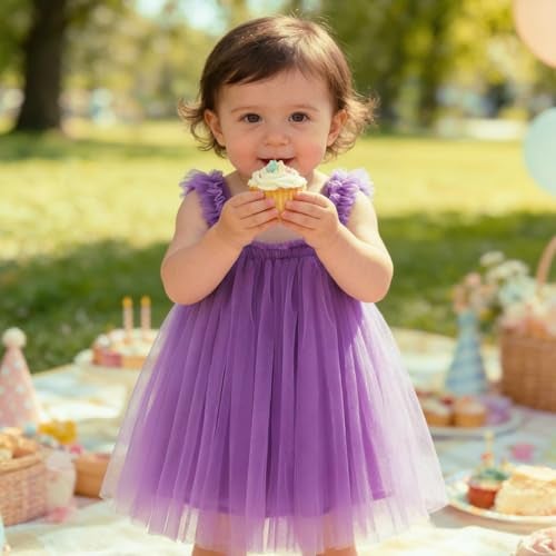 AGQT Baby Girls Tutu Dress Tulle Princess Birthday Dresses for Toddler Ruffle Sleeveless Formal Party Gowns Purple Size 9-12 Months - Image 3