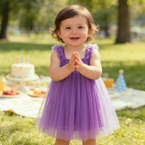 AGQT Baby Girls Tutu Dress Tulle Princess Birthday Dresses for Toddler Ruffle Sleeveless Formal Party Gowns Purple Size 9-12 Months - Image 2