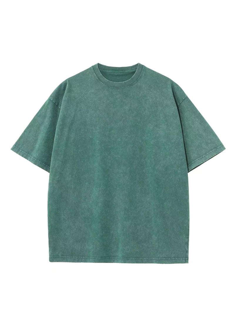 Generic - 230g Pure Cotton Oversize American Style Vintage Trendy Brand Wax-Stained Distressed T-Shirt For Men From China Mainland Green - Image 1