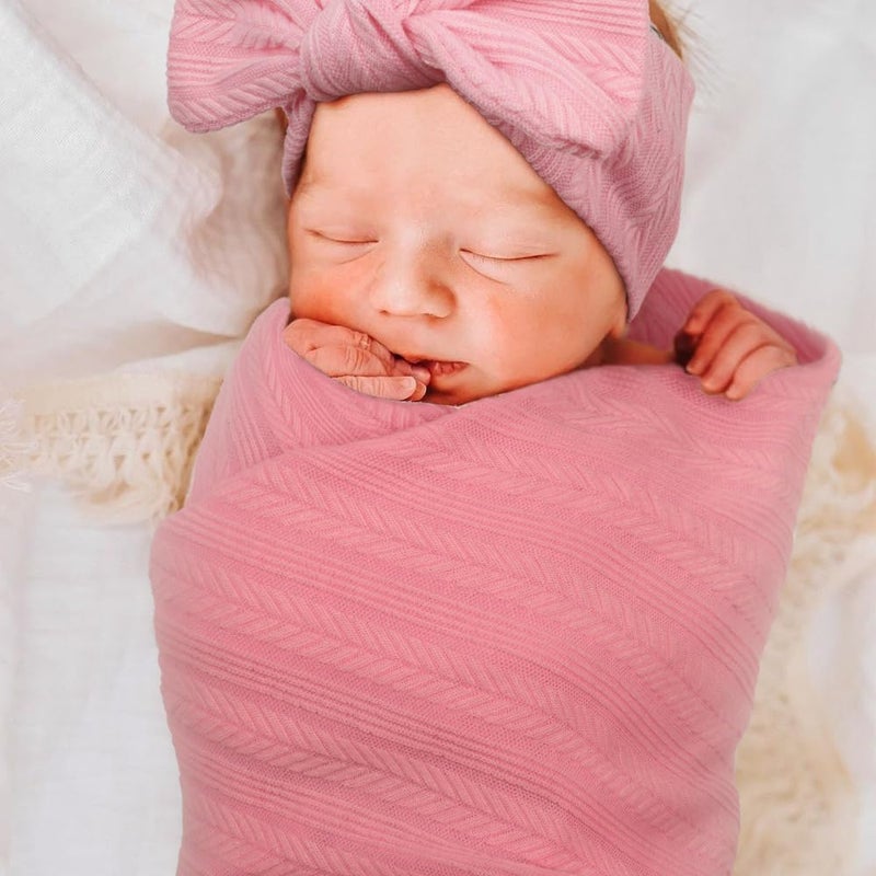 DRESHOW BQUBO Baby Swaddle Blankets for Girls, 4PCS Newborn Accessories Set with Hat and Bow Headband with Hello World Wooden Birth Announcement Card, Baby Blankets for Girls - Image 4
