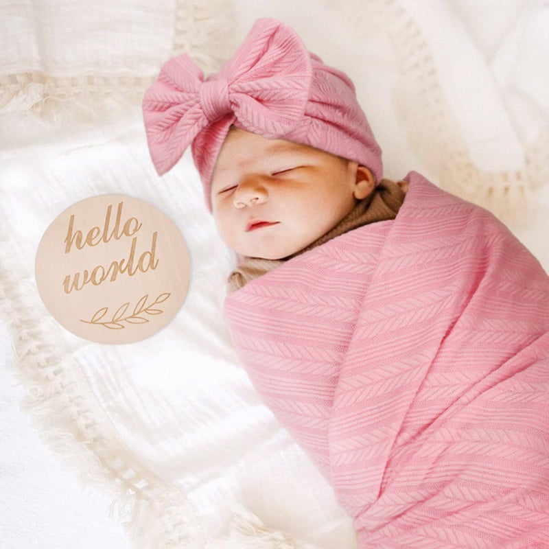 DRESHOW BQUBO Baby Swaddle Blankets for Girls, 4PCS Newborn Accessories Set with Hat and Bow Headband with Hello World Wooden Birth Announcement Card, Baby Blankets for Girls - Image 2