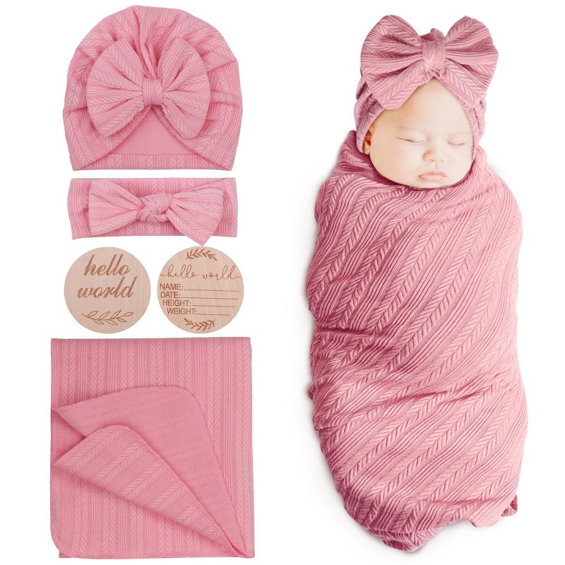 DRESHOW BQUBO Baby Swaddle Blankets for Girls, 4PCS Newborn Accessories Set with Hat and Bow Headband with Hello World Wooden Birth Announcement Card, Baby Blankets for Girls - Image 1