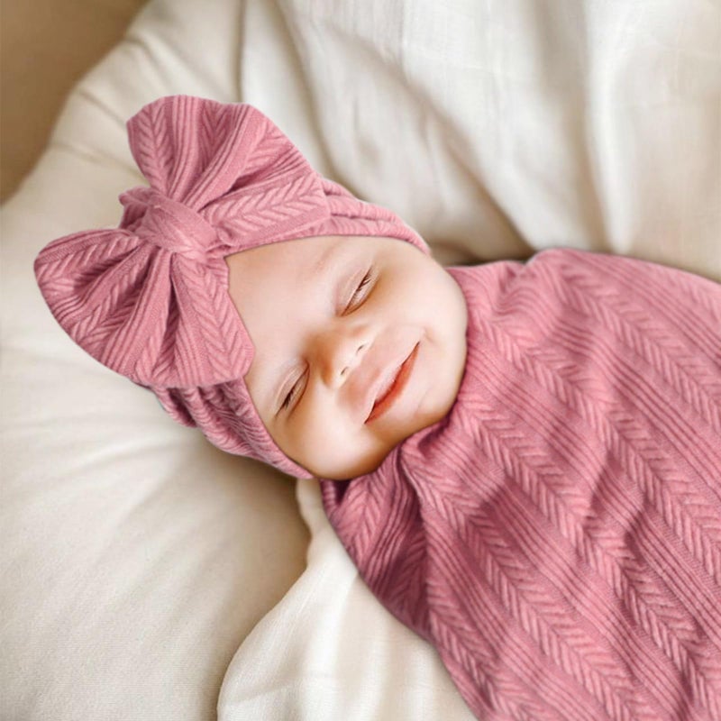 DRESHOW BQUBO Baby Swaddle Blankets for Girls, 4PCS Newborn Accessories Set with Hat and Bow Headband with Hello World Wooden Birth Announcement Card, Baby Blankets for Girls - Image 3
