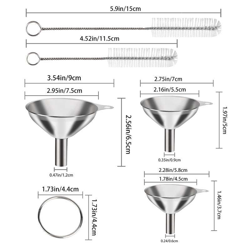 VOPTON 6 Pcs Stainless Steel Mini Funnels For Kitchen Use. Large Tiny Small Funnel Set Of 3 Metal Cooking Powder Food Grade Flask Funnels For Filling Bottles Liquor Water Spice 2Pcs Cleaning Brushes Vopton - Image 2