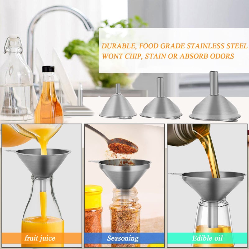VOPTON 6 Pcs Stainless Steel Mini Funnels For Kitchen Use. Large Tiny Small Funnel Set Of 3 Metal Cooking Powder Food Grade Flask Funnels For Filling Bottles Liquor Water Spice 2Pcs Cleaning Brushes Vopton - Image 5