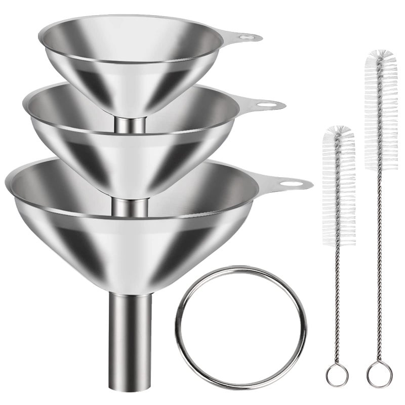 VOPTON 6 Pcs Stainless Steel Mini Funnels For Kitchen Use. Large Tiny Small Funnel Set Of 3 Metal Cooking Powder Food Grade Flask Funnels For Filling Bottles Liquor Water Spice 2Pcs Cleaning Brushes Vopton - Image 1